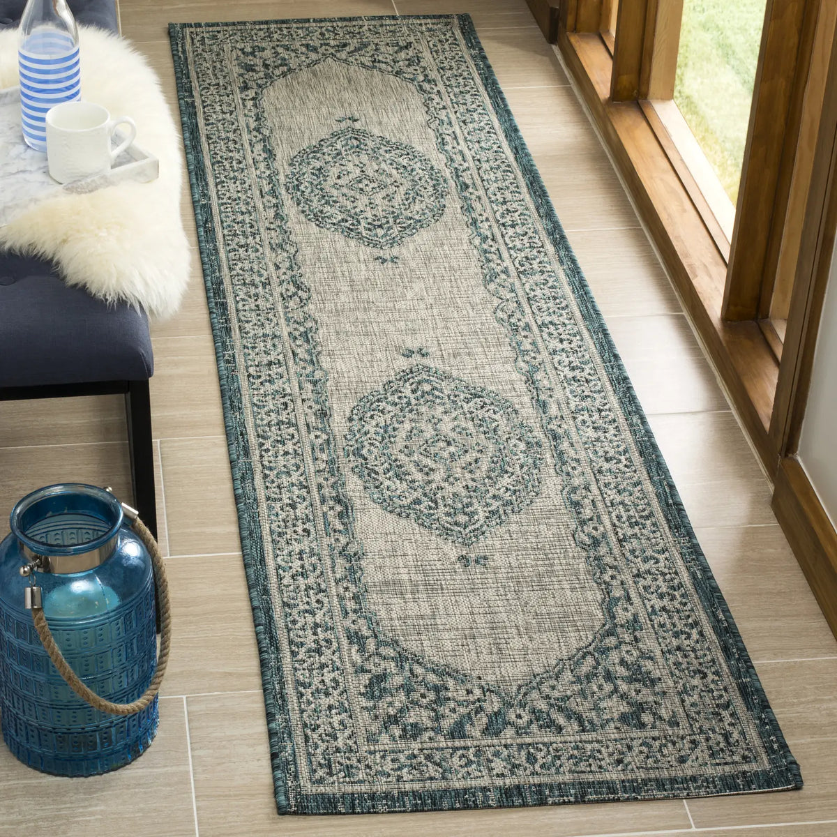 Safavieh Courtyard 2'-3" x 10'-0" Rug in Light Grey / Teal