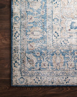Loloi Layla Lay-07 Blue / Tangerine Rugs - corner on wood