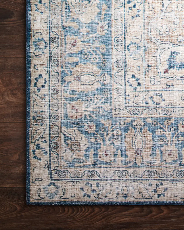 Loloi Layla Lay-07 Blue / Tangerine Rugs - corner on wood
