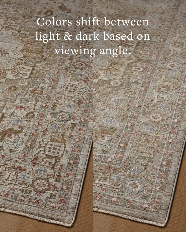 Loloi Aylin AYL-08 Mushroom / Fiesta Rug - angled corner on wood