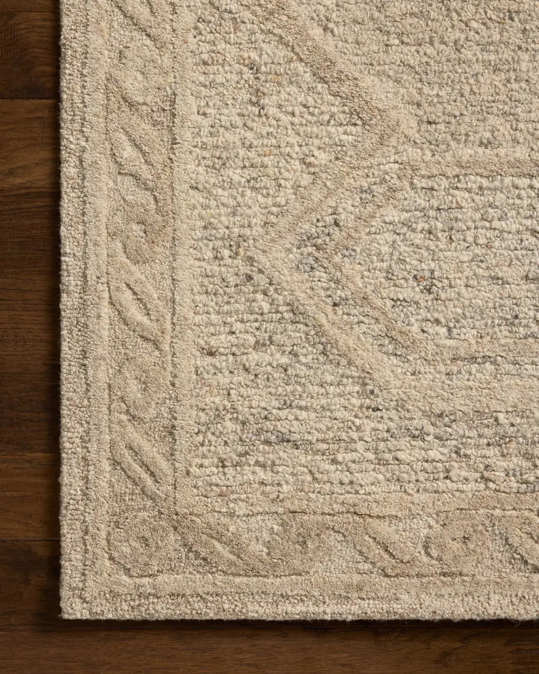 Loloi Mabel MBL-01 Traditional Hand Tufted Stone, Sand Rug - corner on wood