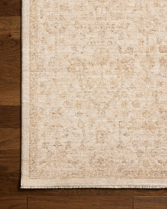 Chris Loves Julia x Loloi Palma PLM-01 Ivory / Sand Rug - corner on wood