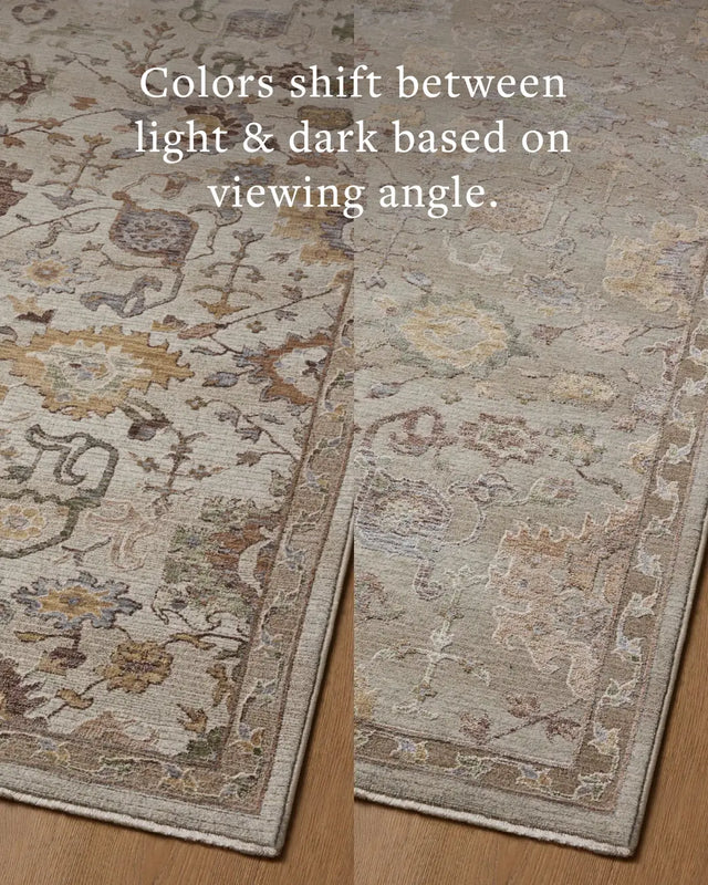 Loloi Aylin AYL-02 Fog / Plum Rug - angled corner on wood