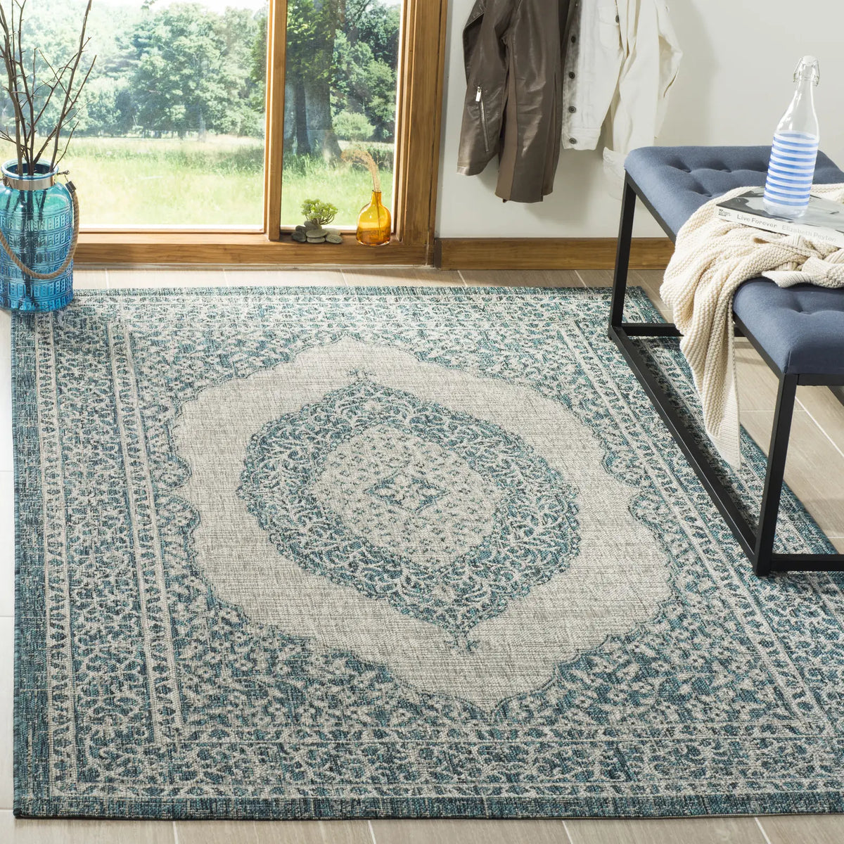 Safavieh Courtyard 4'-0" x 5'-7" Rug in Light Grey / Teal