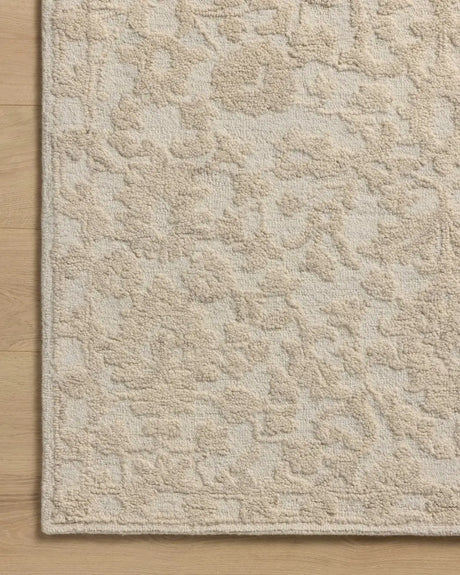 Loloi Prudence PRU-01 Cream / Ivory Hand Tufted Rug - corner on wood