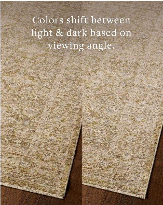 Loloi Elora ELR-05 Traditional Power Loomed Moss, Clay Rug - angled corner on wood