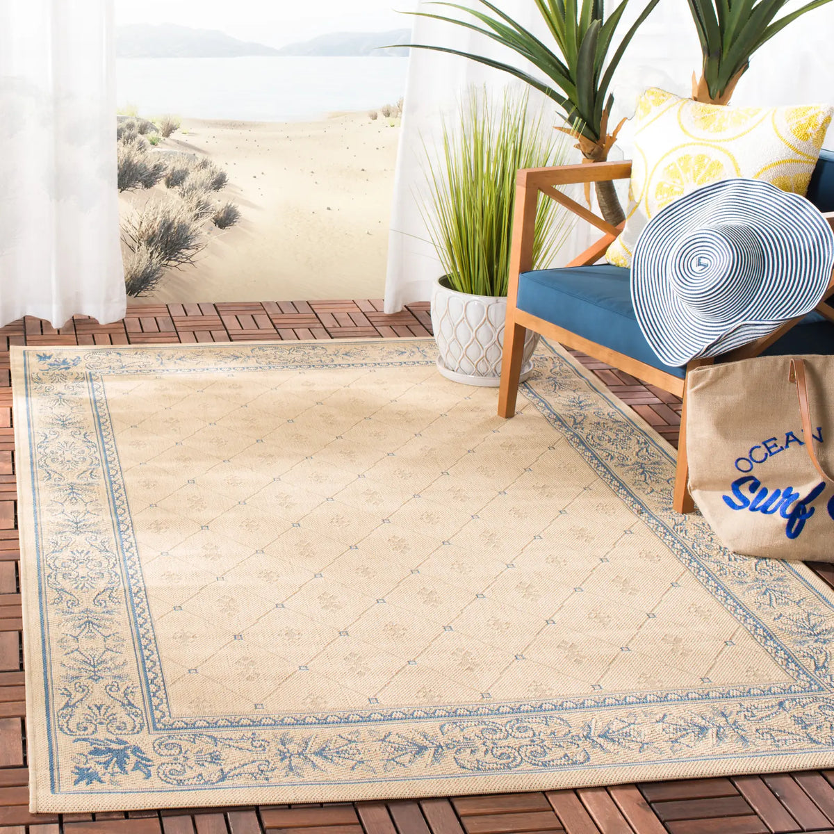 Safavieh Courtyard 4'-0" x 5'-7" Rug in Natural / Blue