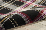 Black contemporary plaid area rug with cream, red, purple, and gold grid pattern