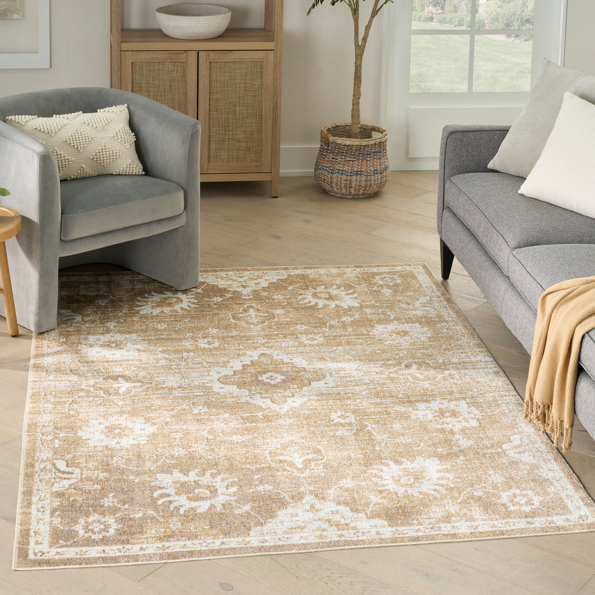 Nourison Astra Machine Washable ASW19 Machine Made Ivory, Gold Rug