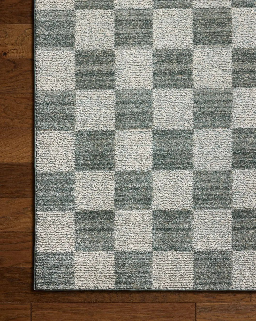 Chris Loves Julia x Loloi Calvin CLV-01 Blue / Ivory Rug - corner on wood
