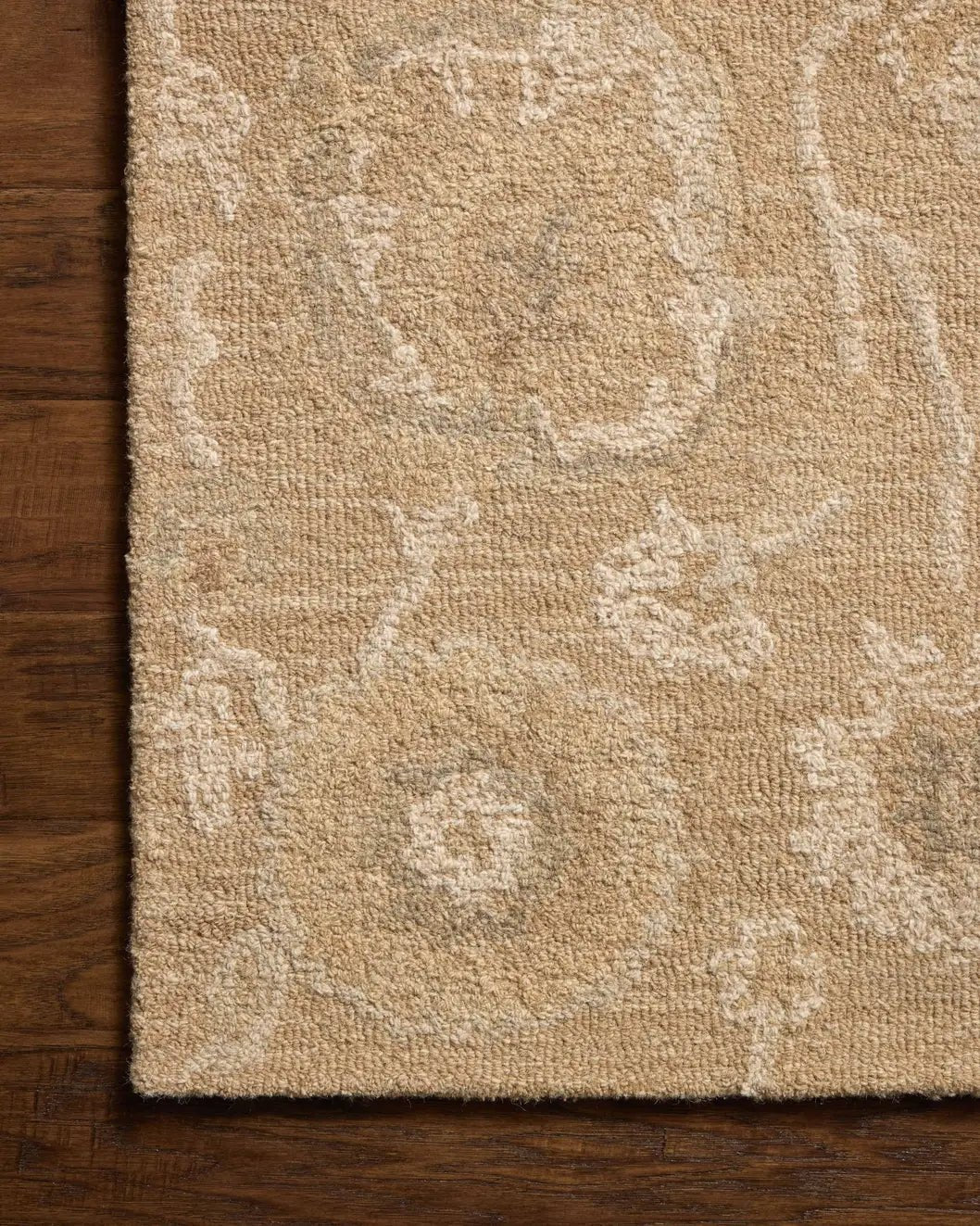 Chris Loves Julia x Loloi Dorothea DRT-01 Sand / Pebble Rug - corner on wood