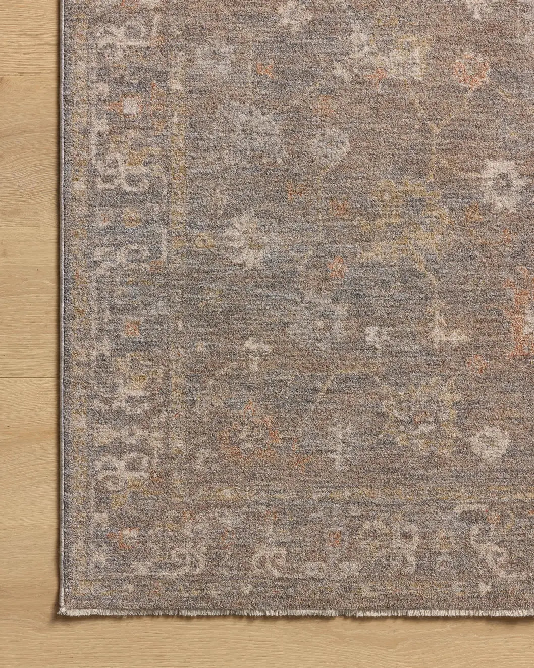Chris Loves Julia x Loloi Louisa LOI-01 Stone / Multi Rug - corner on wood