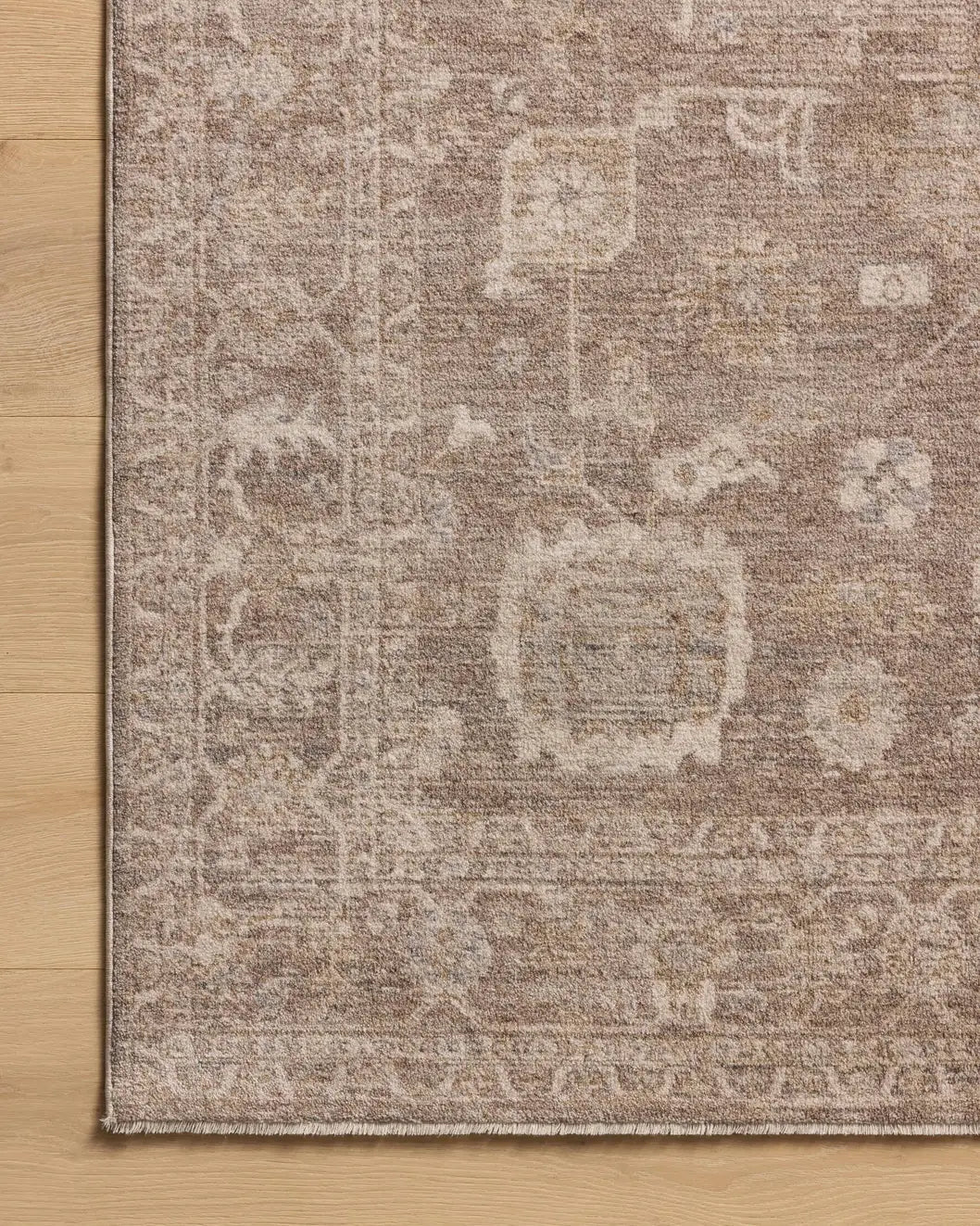 Chris Loves Julia x Loloi Louisa LOI-03 Taupe / Ivory Rug - corner on wood