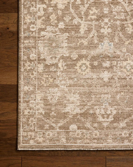 Chris Loves Julia x Loloi Palma PLM-09 Brown / Earth Rug - corner on wood