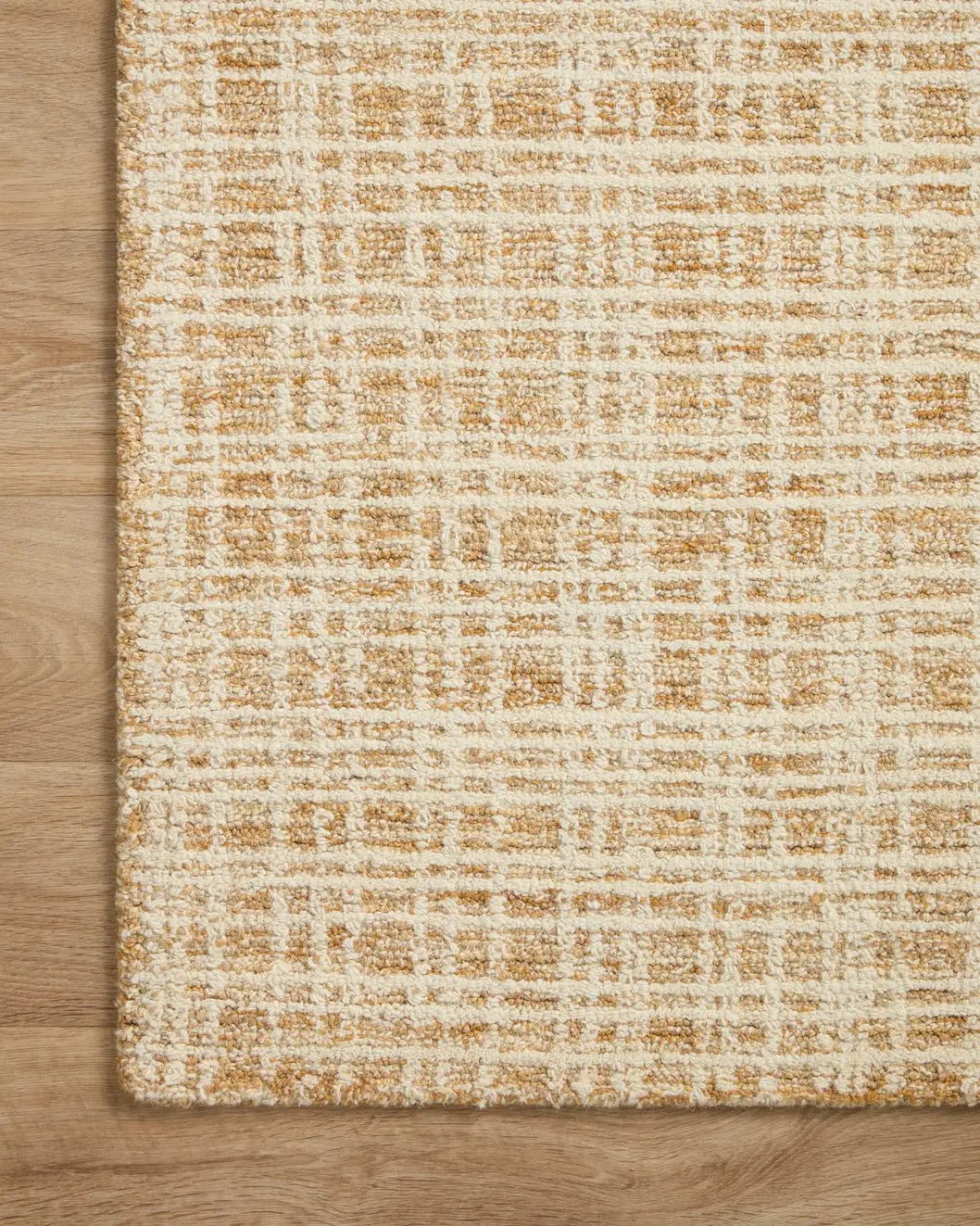 Chris Loves Julia x Loloi Polly POL-03 Straw / Ivory Rug - corner on wood