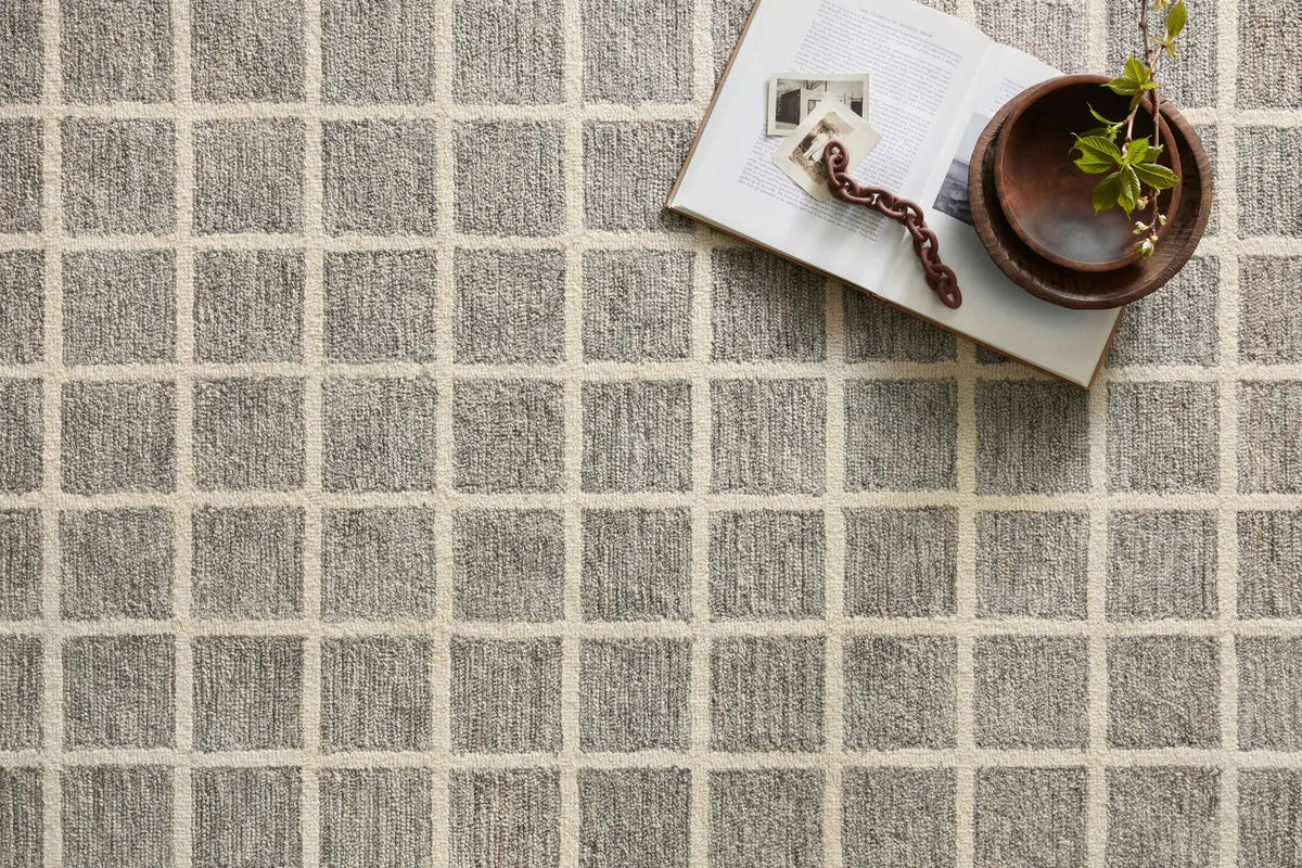 Chris Loves Julia x Loloi Polly POL-05 Slate / Ivory Rug - styled aerial 1