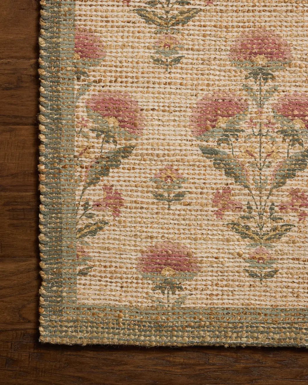 Chris Loves Julia x Loloi Rue RUE-01 Sage / Blush Rug - corner on wood