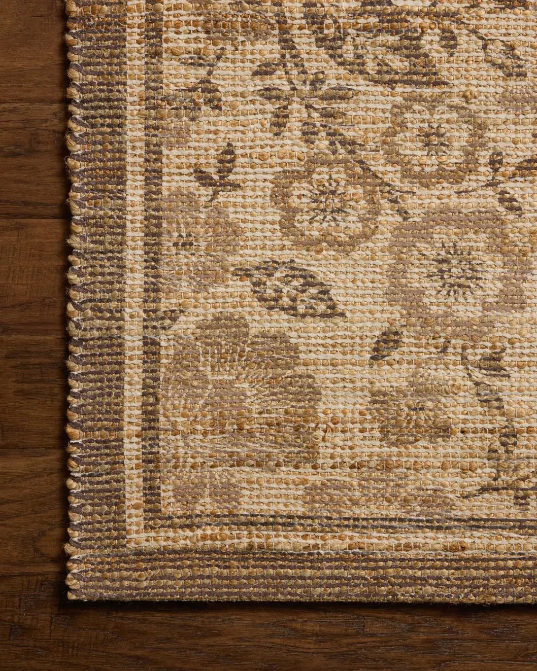 Chris Loves Julia x Loloi Rue RUE-03 Bark / Mocha Rug - corner on wood