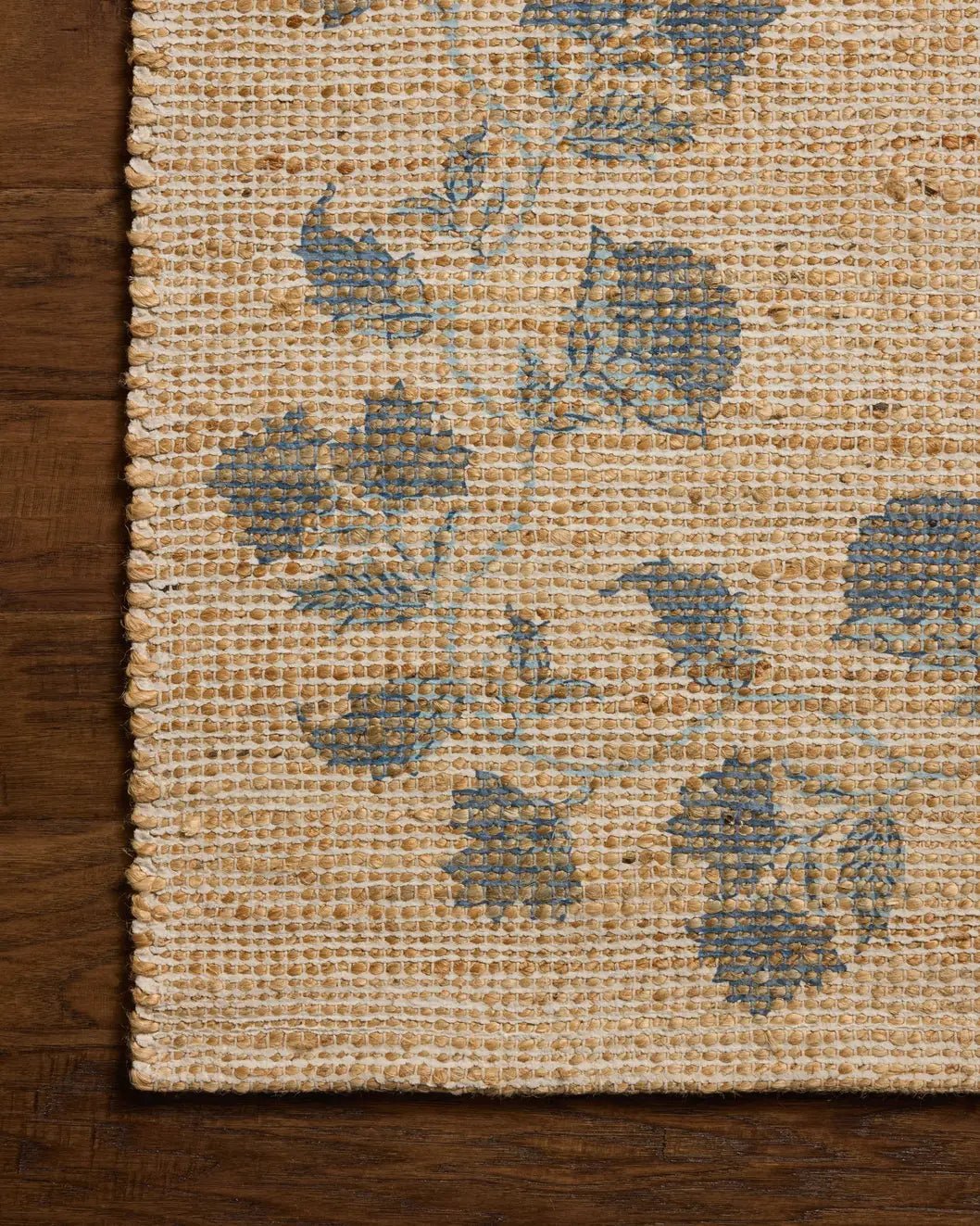 Chris Loves Julia x Loloi Rue RUE-05 Natural / Denim Rug - corner on wood