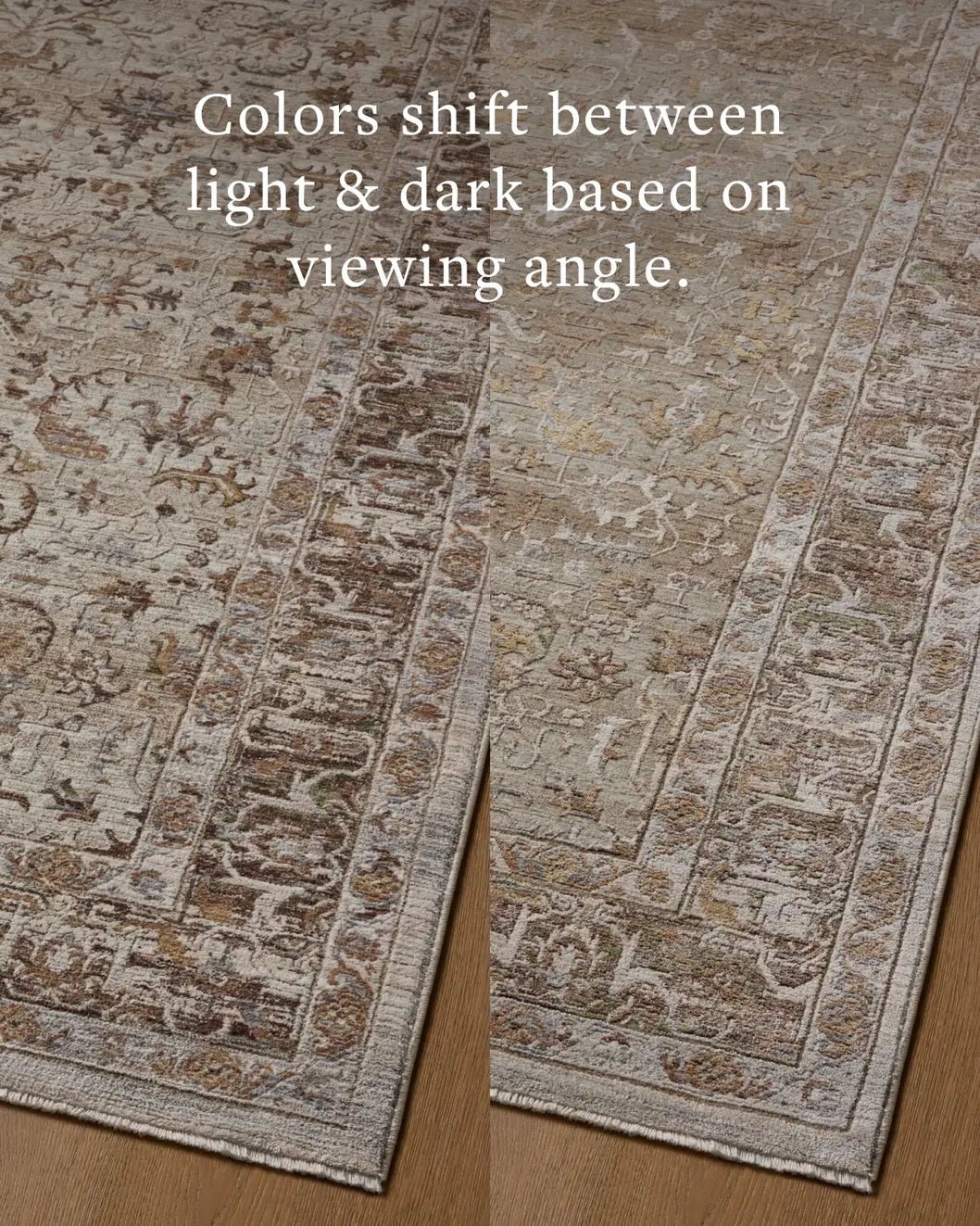 Loloi Aylin AYL-05 Pebble / Multi Rug - angled corner on wood