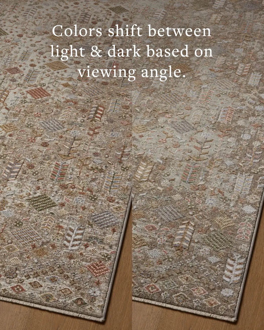 Loloi Aylin AYL-09 Mushroom / Multi Rug - angled corner on wood
