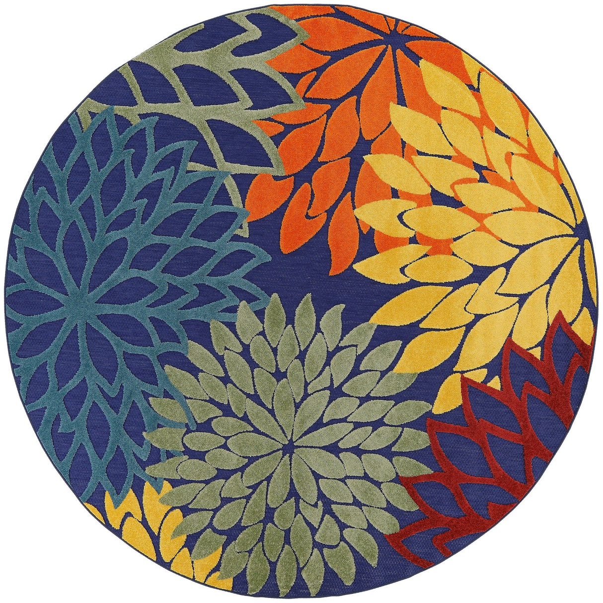 Nourison Aloha circular rug with navy, orange, yellow and green floral pattern