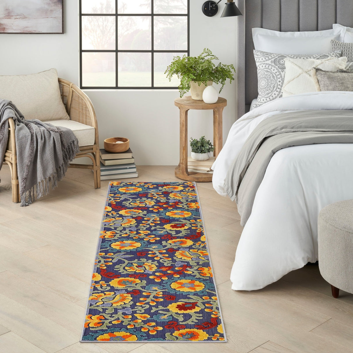 Nourison Aloha navy multicolor floral area rug runner with border, flat weave