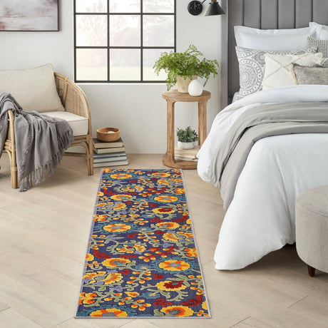 Nourison Aloha navy multicolor floral area rug runner with border, flat weave