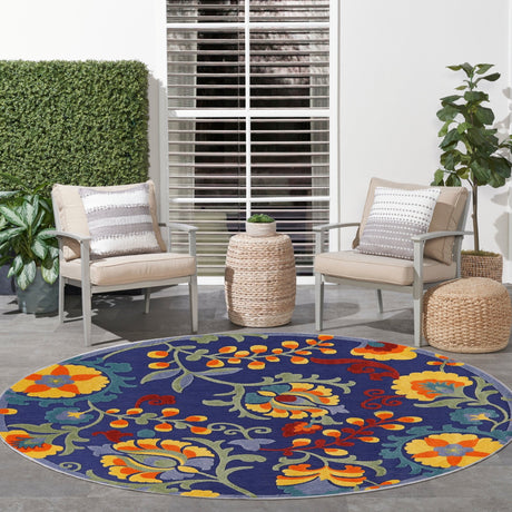 Nourison Aloha navy multicolor floral round area rug with thin border and flat weave
