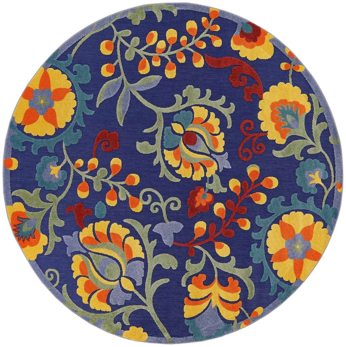 Nourison Aloha navy round area rug with bright floral pattern and decorative border