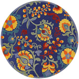 Nourison Aloha navy round area rug with bright floral pattern and decorative border