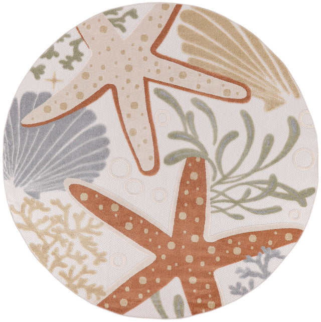 Ivory round rug with orange star and sea life patterns in gray and green