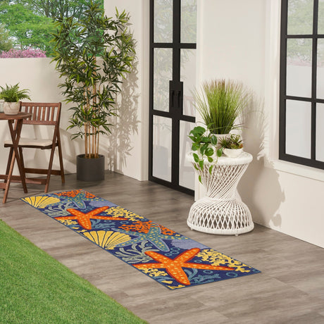 Navy multicolor runner rug with ocean-themed starfish and shells