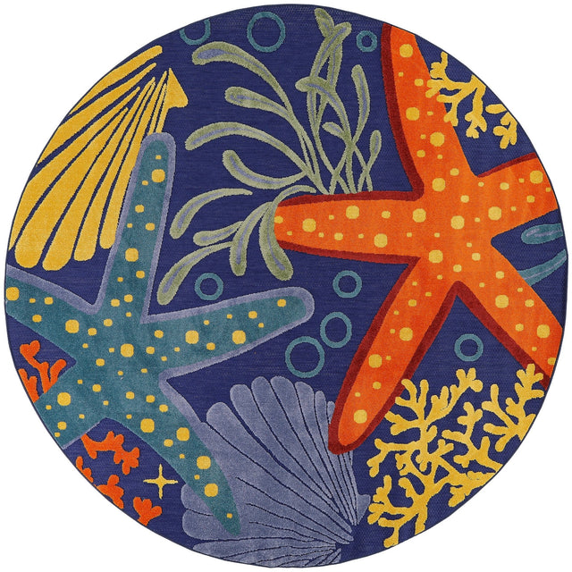 Round navy rug with colorful coral, seaweed, and starfish motif