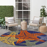 Rectangular multicolor rug featuring dotted starfish pattern in orange, blue, and yellow
