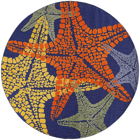 Round multicolor rug with dotted starfish pattern in orange, blue, and yellow
