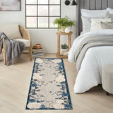 Nourison Aloha blue-gray and ivory runner rug with floral vines and medallion center