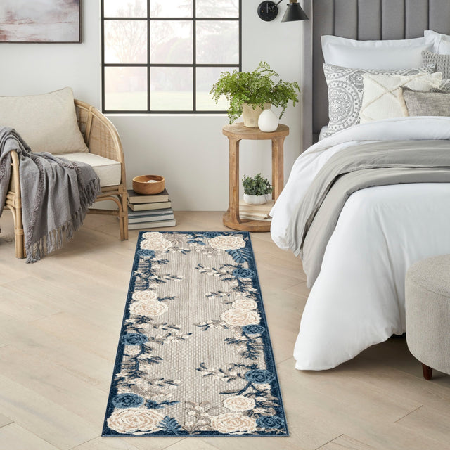 Nourison Aloha blue-gray and ivory runner rug with floral vines and medallion center