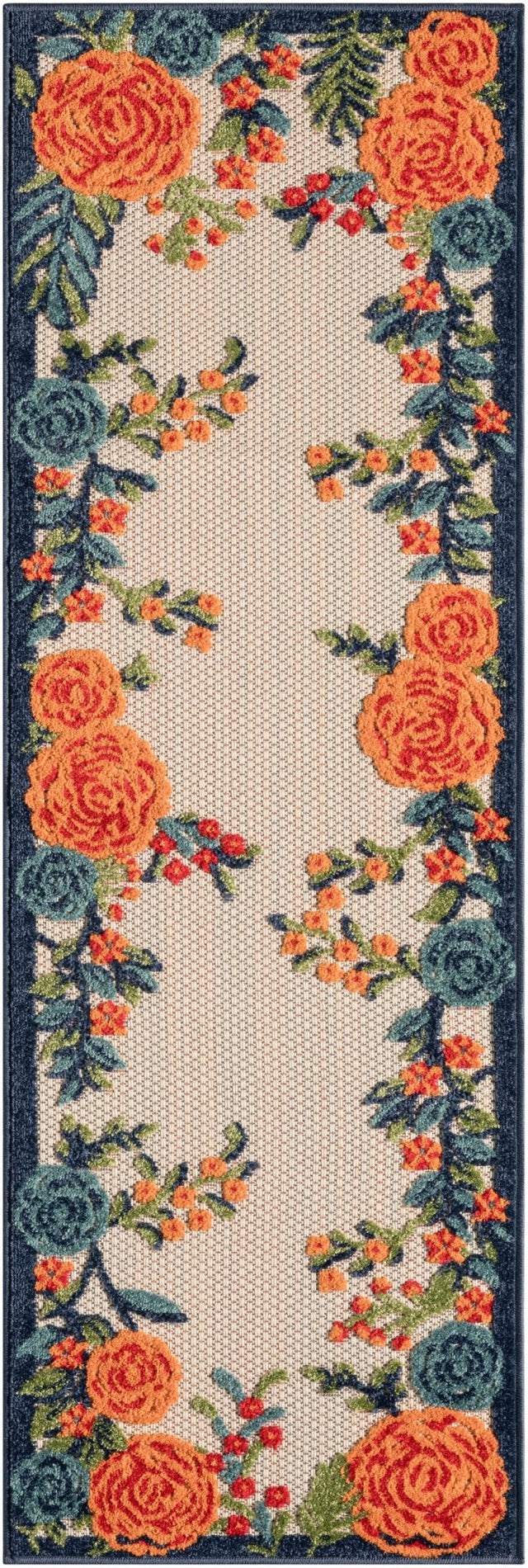 Multicolor floral rug with orange roses, berries, and leafy vines on light beige