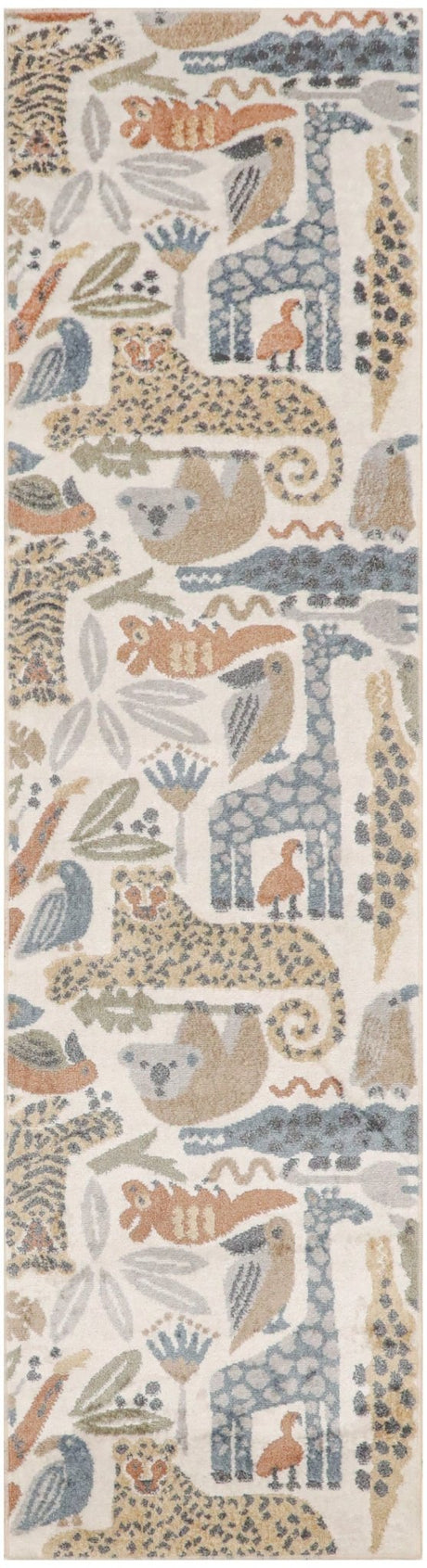 Ivory rectangular area rug with multicolor animal safari collage and wavy border