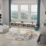 Ivory round area rug with animal safari motifs in blue, rust, and tan