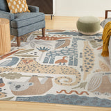 Ivory rectangular area rug with layered animal prints in blue, tan, and rust