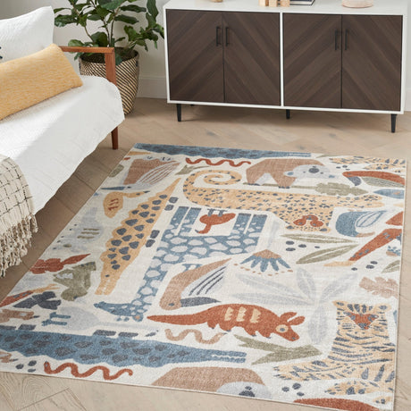 Ivory rectangular area rug with blue, tan, and rust animal safari pattern