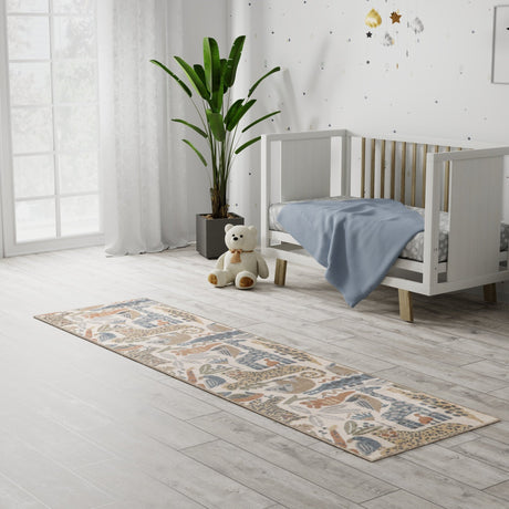 Ivory runner rug with blue and rust animal safari pattern and light border