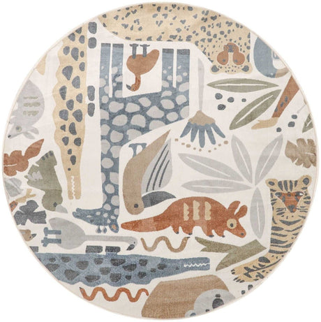 Ivory round area rug with animal safari scene pattern in blue and rust tones