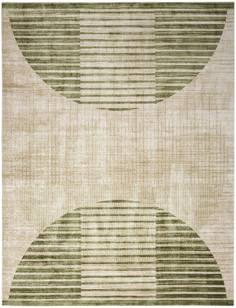 Ivory and olive green machine-made rug with bold striped geometric pattern