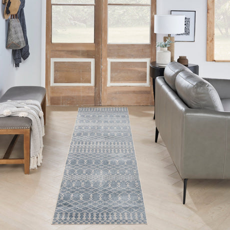 Blue rectangular runner rug with trellis diamond geometric pattern