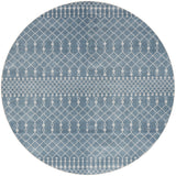 Blue round geometric rug with lattice trellis pattern