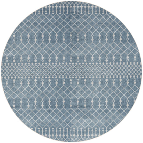 Blue round geometric rug with lattice trellis pattern
