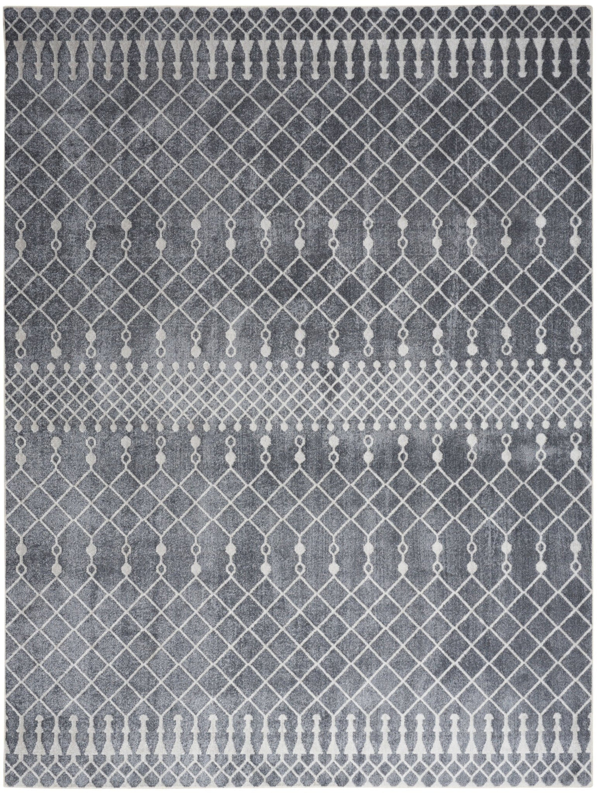 Denim blue geometric rug with lattice pattern and short tassel fringe